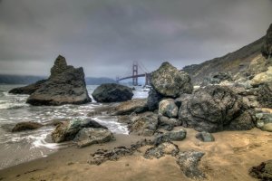 Golden Gate Bridge and rocks at Marshalls Beach